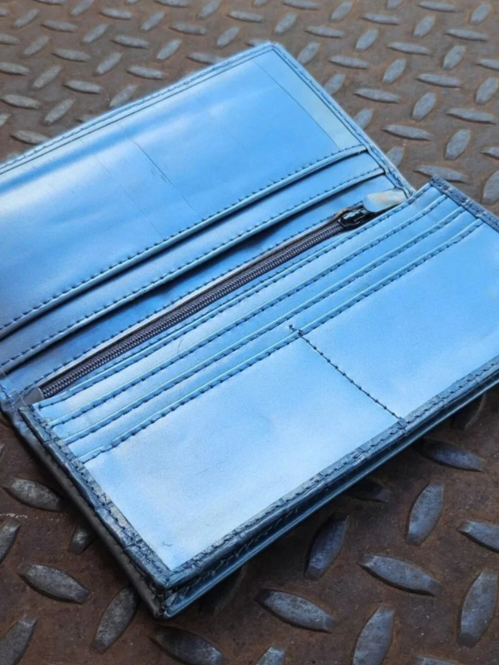 Long Wallet Genuine Leather Grayish Blue Clutch Purse Handmade Card Holder